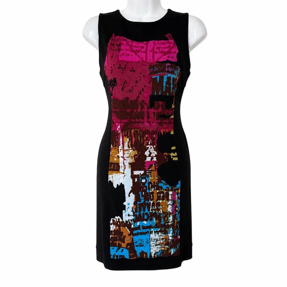 Eva Varro Womens Abstract Newsprint Graphic Sheath Dress Black Multi Size M